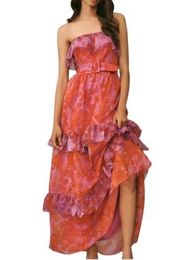 Anthropologie Strapless Tiered Maxi Dress Pink Orange Floral Ruffle Belted XL